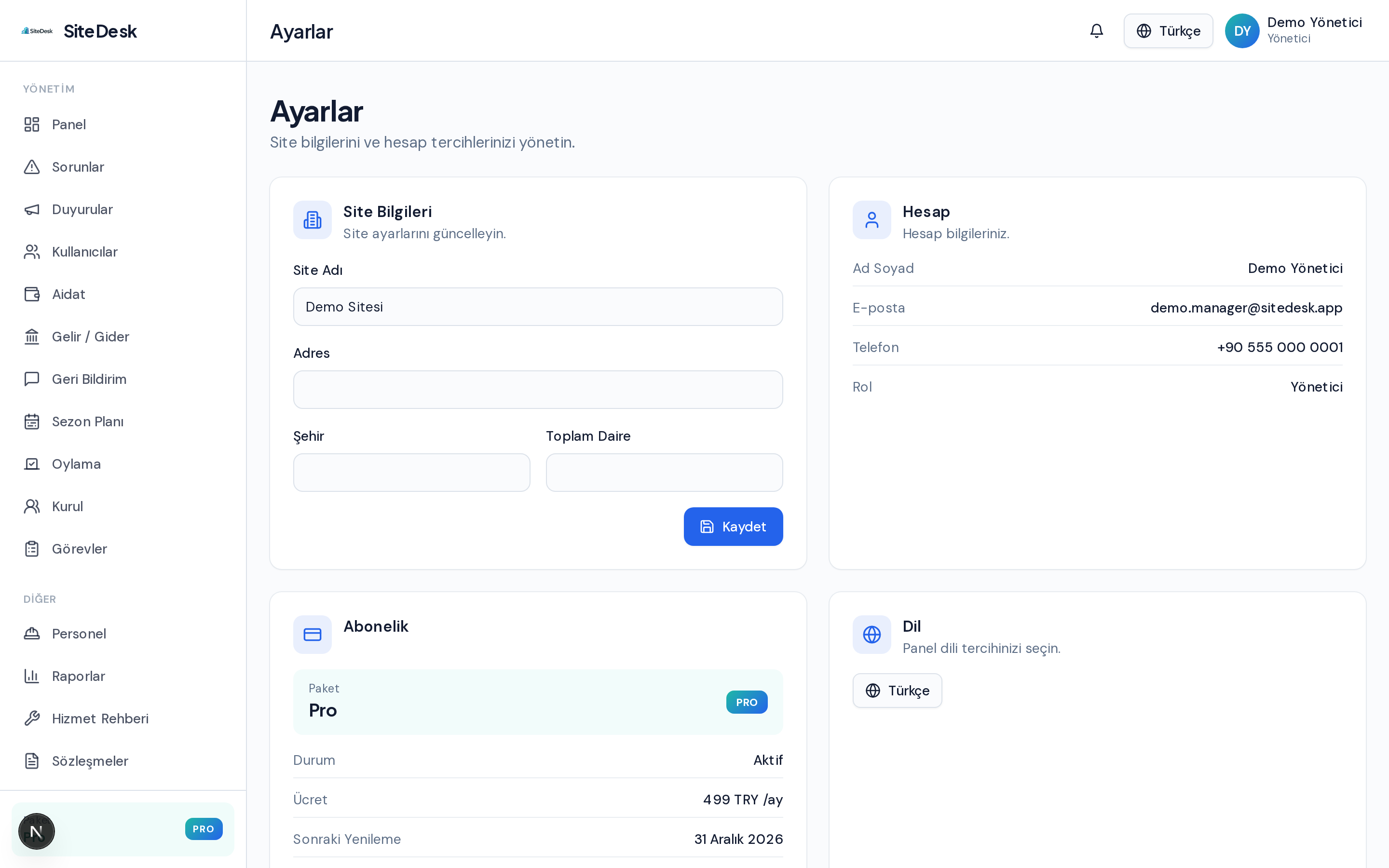 Site ve hesap ayarları